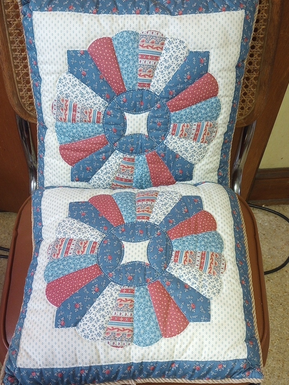 Set of 2 Square Quilted Country Floral Vintage Toss Pillows. Blue Cream Tan Red